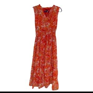 MSK NWT Floral Sleeveless Midi Dress Size M Orange Hibiscus Tiered Boho P-5